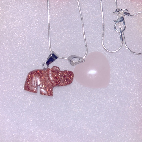 Hand Crafted Jewelry - Boho Hippie Rose Quartz Crystal heart & Goldstone Elephant 🐘 16” Silver …